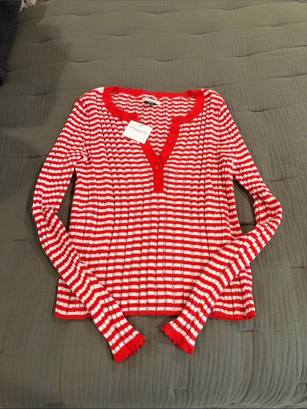 American Eagle Outfitters Red & White Striped Henley Long Sleeve Top